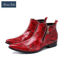 Christia Bella Fashion Real Leather Men Boots Red Pointed Toe Formal Ankle Boots Motorcycle Short Boots Plus Size Zipper Botas 2024 - buy cheap