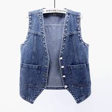Spring Fashion Rivet Big Pocket Short Denim Vests Women V-Neck Sleeveless Jacket Coat Black Jeans Vest Vintage Waistcoat Female 2024 - buy cheap