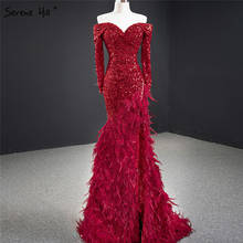 Serene Hill Burgundy Mermaid Sexy Split Dubai Evening Dress 2022 Long Sleeves Off Shoulder Feathers Formal Party Gown CHM67125 2024 - buy cheap