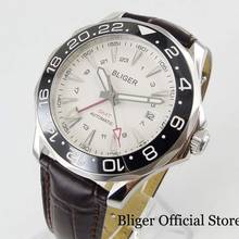 Новое поступление белые BLIGER брендовые серебряные Автоматические Мужские часы с керамическим ободком 41 мм наручные часы GMT функция даты кожаный ремешок 2024 - купить недорого