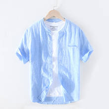 Camisas masculinas de manga curta de linho puro, camisas casuais de moda, lisa, branca, azul, com colarinho, verão, 100%, y2444 2024 - compre barato