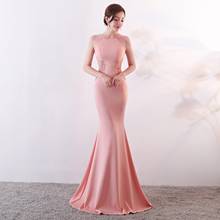 Beauty-Emily O Neck Sleeveless Satin Evening Dresses Long Mermaid Formal Gowns Lace Appliques Party Dress Pleated Elegant Dress 2024 - buy cheap