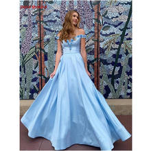 A-line Blue Satin Long Prom Dresses Off The Shoulder Floral Pearl Sweetheart Evening Gown Elegant Woman Clothes Moroccan Caftan 2024 - buy cheap