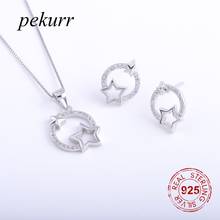 Pekurr-Conjunto de pendientes de plata de ley 925 para mujer, conjunto de collar con forma de estrella hueca redonda, colgantes de aro, joyería de fiesta 2024 - compra barato