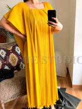 2020 spring summer plus size Korean women Miyake pleated wind streamer flying sleeves Square Collar long Oversized yellow dress 2024 - buy cheap