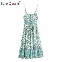 Boho Queens Women Green Floral Print Sleeveless Beach Bohemian Maxi Dresses Ladies Strap V-neck Rayon Cotton  Dress Vestidos 2024 - buy cheap