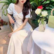 Платье женское средней длины с коротким рукавом, элегантное модное милое винтажное вечернее, в Корейском стиле, с открытой спиной, для женщин, лето 2021 2024 - купить недорого