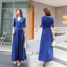Blue Pink Wrap Dress Women Long Maxi Dress Korean Elegant Ladies V-neck Summer Dress 2024 - buy cheap
