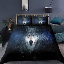 Casa têxtil animal lobo cabeça 3d impressão conjunto de cama lua noite fantástico lobo capa edredão nórdico rei rainha tamanho preto linhas 2024 - compre barato