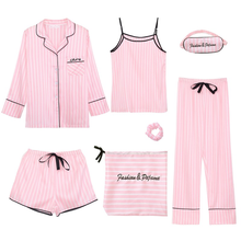 Women's 7 Pieces Pajama Set Emulation Silk Striped Pajamas Women Sleepwear Home Clothes Sexy Pijama Night Suit Spring Pyjamas 2024 - buy cheap