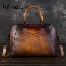 Johnature 2020 New Handmade Women Handbag Vintage Genuine Leather Solid Color Zipper Leisure Cow Leather Shoulder&Crossbody Bags 2024 - buy cheap