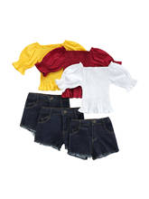 Crianças conjunto de roupas de cor sólida, meninas manga longa fora do ombro topos + jeans curtos com bolso 1-6t 2024 - compre barato