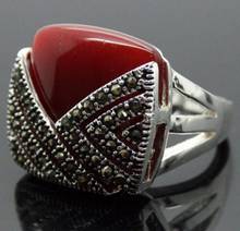 Free shipping  14*15mm 925 SILVER NATURAL RED & MARCASITE SQUARE RING SIZE 7/8/9/10 2024 - buy cheap