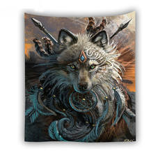 Tapiz de lobo guerrero de SunimaArt para colgar en la pared, hojas de animales Tribal, tapiz de Lobo, decoración del hogar, esterilla de playa, atrapasueños, ropa de cama 2024 - compra barato