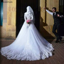 Vestido De novia musulmán De manga larga, con apliques De encaje, elegante, árabe, con cordones en la espalda, 2021 2024 - compra barato