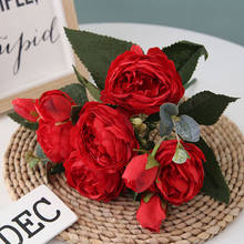 Ramo de flores falsas rosas de seda, peonías artificiales, 5 cabezas grandes, 4 brotes pequeños, decoración del hogar para novia y boda 2024 - compra barato