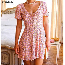 GypsyLady Floral Printed Mini Dress Summer Holiday Women Dress Casual Chic V-neck Button Front Sexy Chic Ladies Female Dress 2024 - buy cheap