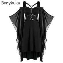 Black Gothic Punk Long Dress Vintage Belt Cross Lace Up Patchwork Mesh Flare Sleeve Goth Dress Plus Size Women Clothes 5XL 2024 - buy cheap