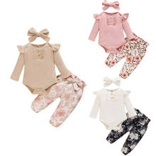 New Born Girl Ribbded Suit Solid Lace Long Sleeve Top Ribbed Bodysuits Flower Printing Long Pants and Hairband 3Pcs Outfit Suits 2024 - buy cheap