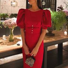 red puff sleeve women dress summer 2020 fashion elegant office lady work dresses robe femme vestiods 2024 - buy cheap