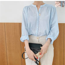 Blusa informal de lino y algodón para Mujer, camisa de manga larga, color azul liso, para primavera 2024 - compra barato