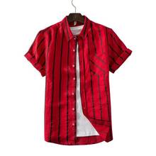 Camisa informal de lino de 5 colores para hombre, ropa de marca a la moda, ajustada, de manga corta a rayas, nuevo estilo de verano, 2020 2024 - compra barato