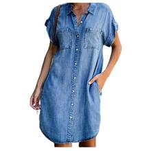 Long Denim Shirts Women Tops Button Turn-down Collar Short Sleeve Casual Shirt Women Clothing Pocket Loose Shirt Summer 2021 2024 - buy cheap