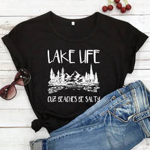 Camiseta lago life estampa salgada, camisa feminina casual com tema lembrança para o verão 2024 - compre barato