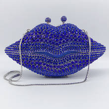 Bolso de mano con forma de boca y diamantes de imitación para mujer, Cartera de noche con diamantes de imitación azules, de Metal plateado, para fiesta de graduación, Mini bolso de hombro con cadena 2024 - compra barato