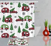 LB Navidad rojo verde a cuadros camioneta roja con Árbol de Navidad baño decoración de poliéster impermeable Cortina de ducha y felpudo 2024 - compra barato