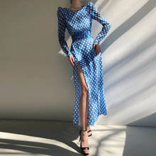 JSXDHK New Runway Designer Women Split Party Dresses 2021 Spring Wave Point Print Chiffon Puff Sleeve Bodycon Sexy Long Dress 2024 - buy cheap