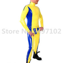 Sexy Handmade Latex Catsuit Yellow with BlueTrims with Shoulder&Crotch Zipper Front Cod piece Tight Bodysuit for Men 2024 - buy cheap