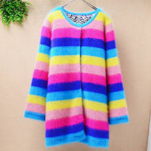 Ladies women thick medium long rainbow stripes angora rabbit fur knitted cardigan long sleeves sweater mink cashmere coat winter 2024 - buy cheap