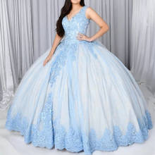 Vestido de baile inchado com decote em v e renda, sem mangas, apliques de renda, festa de princesa, sweet 16 vestido para meninas, 2021 2024 - compre barato