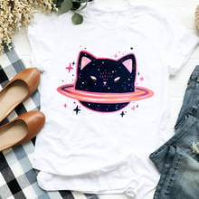 Camiseta con estampado de gato negro para mujer, camiseta de manga corta Harajuku a la moda, ropa blanca adecuada para todas las estaciones 2024 - compra barato