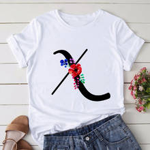 Camiseta estampada feminina, 26 alfabeto, com letras e flores, estilo harajuku, casual, branca, verão, nova, 2020 2024 - compre barato
