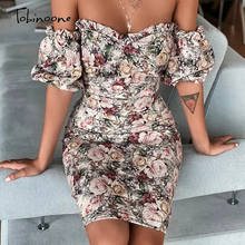 Tobinoone mini vestido tomara que caia floral com babado manga curta, bodycon feminino sexy costas abertas justo vestido de verão 2024 - compre barato