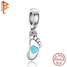 BELAWANG Lovely 100% 925 Sterling Silver Bead Blue Enamel Baby Footprint Charms Fit Bracelet & Necklace DIY Jewelry Accessories 2024 - buy cheap