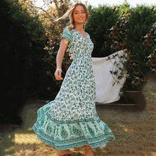 Women summer boho maxi dress 2022 new flower print long dresses casual v neck beach dress vintage button green dress vestidos 2024 - buy cheap