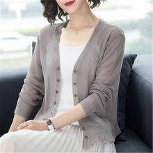 Women 2020 Summer Thin Knit Sweater Cardigan Air Conditioner Sunscreen V-Neck Long Sleeve Female Hollow Out Knitwear Coat 2024 - buy cheap