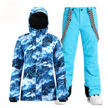 Mar azul terno de neve das mulheres usar trajes esportivos ao ar livre à prova dwindproof água à prova de vento snowboard conjuntos de roupas de esqui jaqueta + cinto pant menina 2024 - compre barato