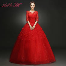 AnXin SH Red flower wedding Dress vintage o neck flower lace half sleeve illusion princess red lace red wedding dress 2024 - buy cheap