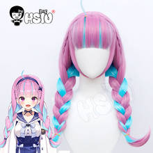 「HSIU Brand」VTuber Hololive Minato Aqua Wig Cosplay Mixed Blue Pink BraidsDouble tail hair Fiber synthetic wig+Free wig cap 2024 - buy cheap