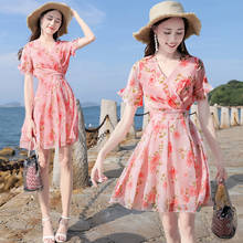 Chiffon Sweet Small Fresh Belt Floral Print Short Lotus Leaf Sleeve V-neck Knee-length A-line Pink Holiday Cocktail Dresses 40 2024 - buy cheap