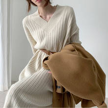 Vestido feminino de malha de manga longa, novo suéter, vestido de tricô solto, tamanho grande, 2021 2024 - compre barato