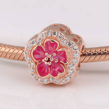 Authentic S925 Silver Enamel Peach Blossom Flower With Crystal Bead Charm fit Pandora Bracelet Bangle DIY Jewelry 2024 - buy cheap