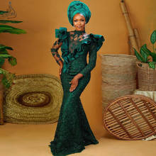 Hunter verde aso ebi estilo vestidos de baile mangas compridas africano sereia vestidos de noite babados rendas elegante nigeriano vestidos formais 2024 - compre barato