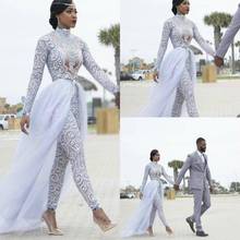 Jumpsuits With Detachable Train Wedding Dresses High Neck Beads Crystal Long Sleeves Modest Wedding Dress African Bridal Gowns 2024 - buy cheap