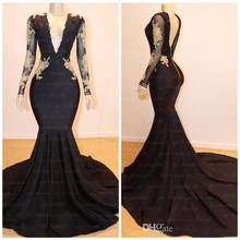 Black Prom Dress Mermaid Deep V-neck Long Sleeves Appliques Lace Backless Long Prom Gown Evening Dresses Robe De Soiree 2024 - buy cheap