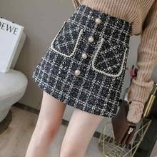 Tweed Women's Skirts Autumn and Winter New High-waist Women Plaid A-line Skirts Pearl Ladies Short Skirts 2024 - buy cheap